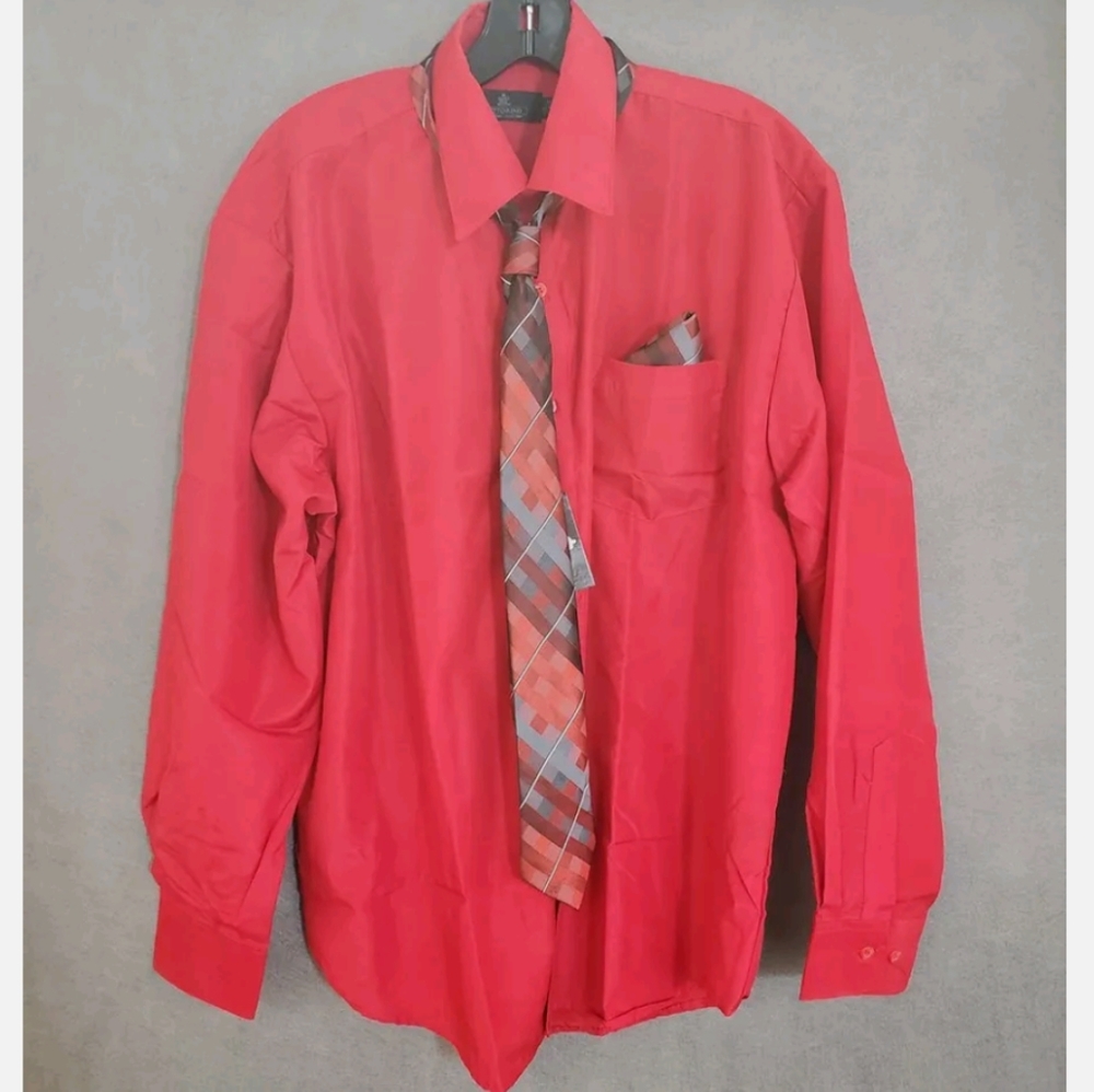 New Vittorino Red Long Sleeve Collared Button Up Shirt With Tie Size Medium